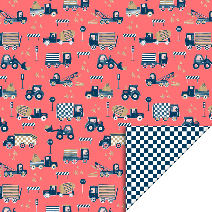 Inpakpapier blauwe blokjes met voertuigen fluor