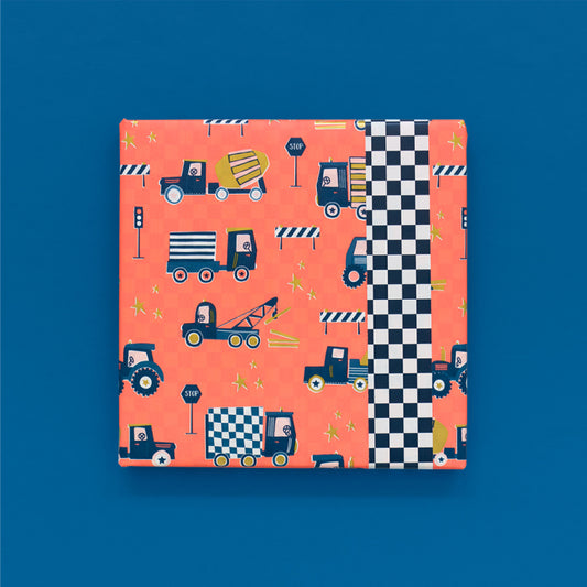 Inpakpapier blauwe blokjes met voertuigen fluor