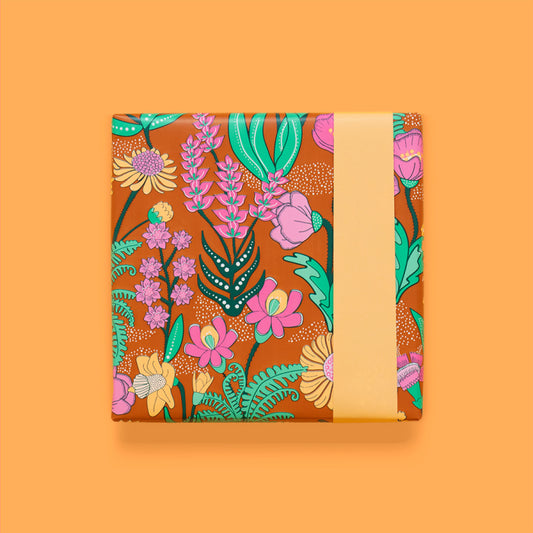 Inpakpapier perzik met vintage bloemen fluor