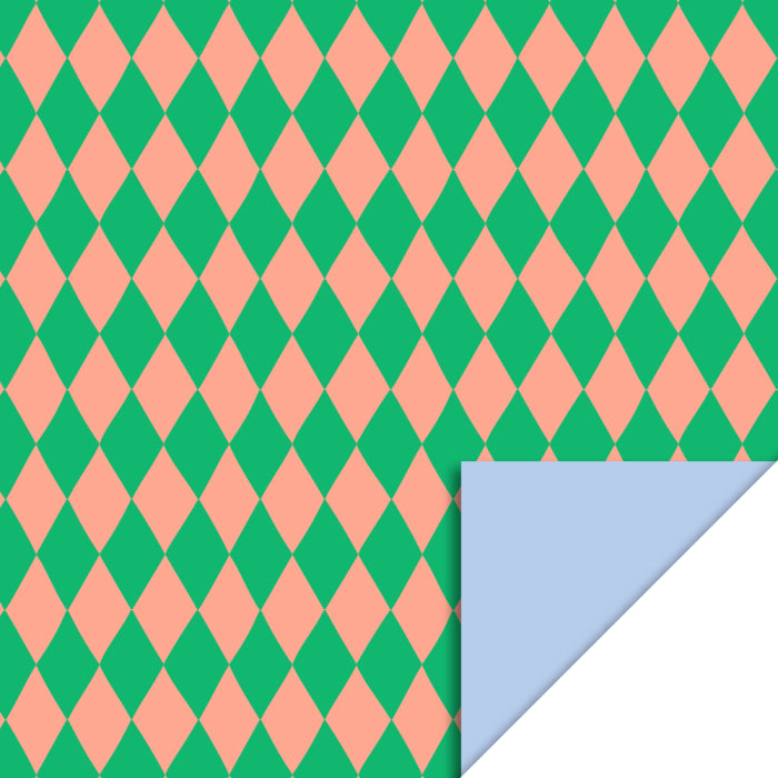 Inpakpapier licht blauw met groene en zalmkleurige ruit