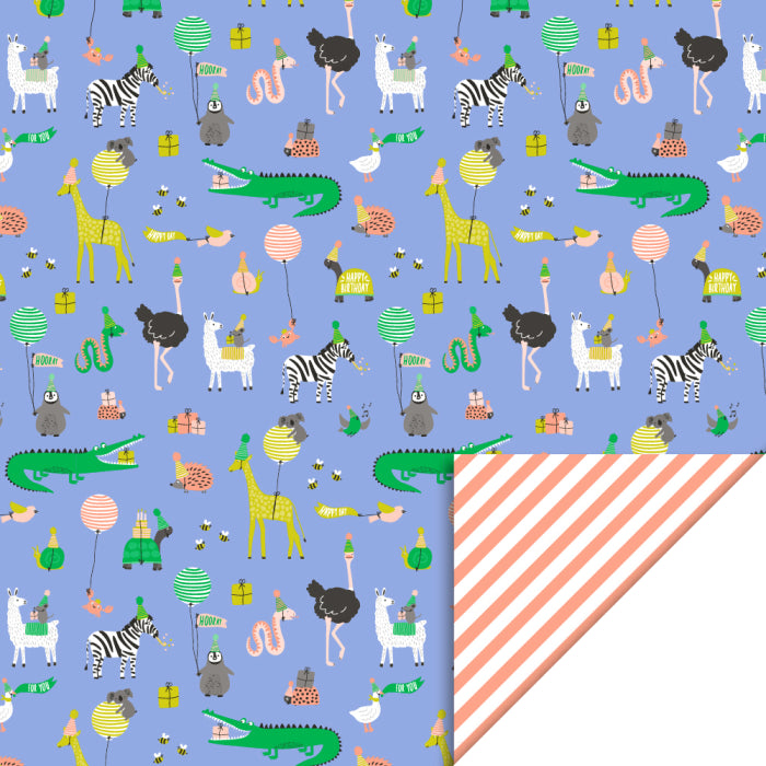 Inpakpapier zalmkleurige strepen met feestelijke dieren