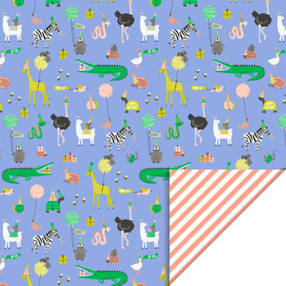 Inpakpapier zalmkleurige strepen met feestelijke dieren