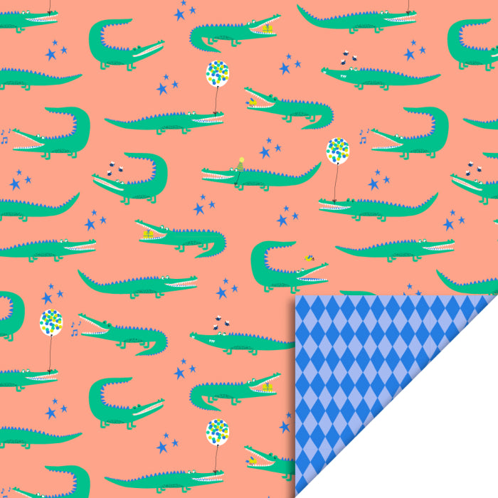 Inpakpapier ruitjes blauw met krokodillen