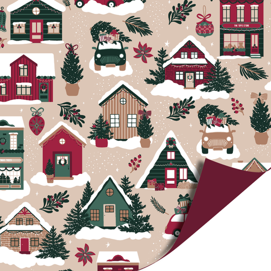 Inpakpapier Kerst huisjes